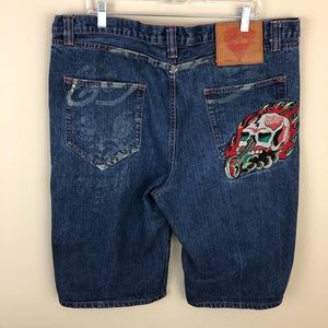 Ed Hardy Shorts Blue Denim Mens Jean Embroidered 42 x 15.5
